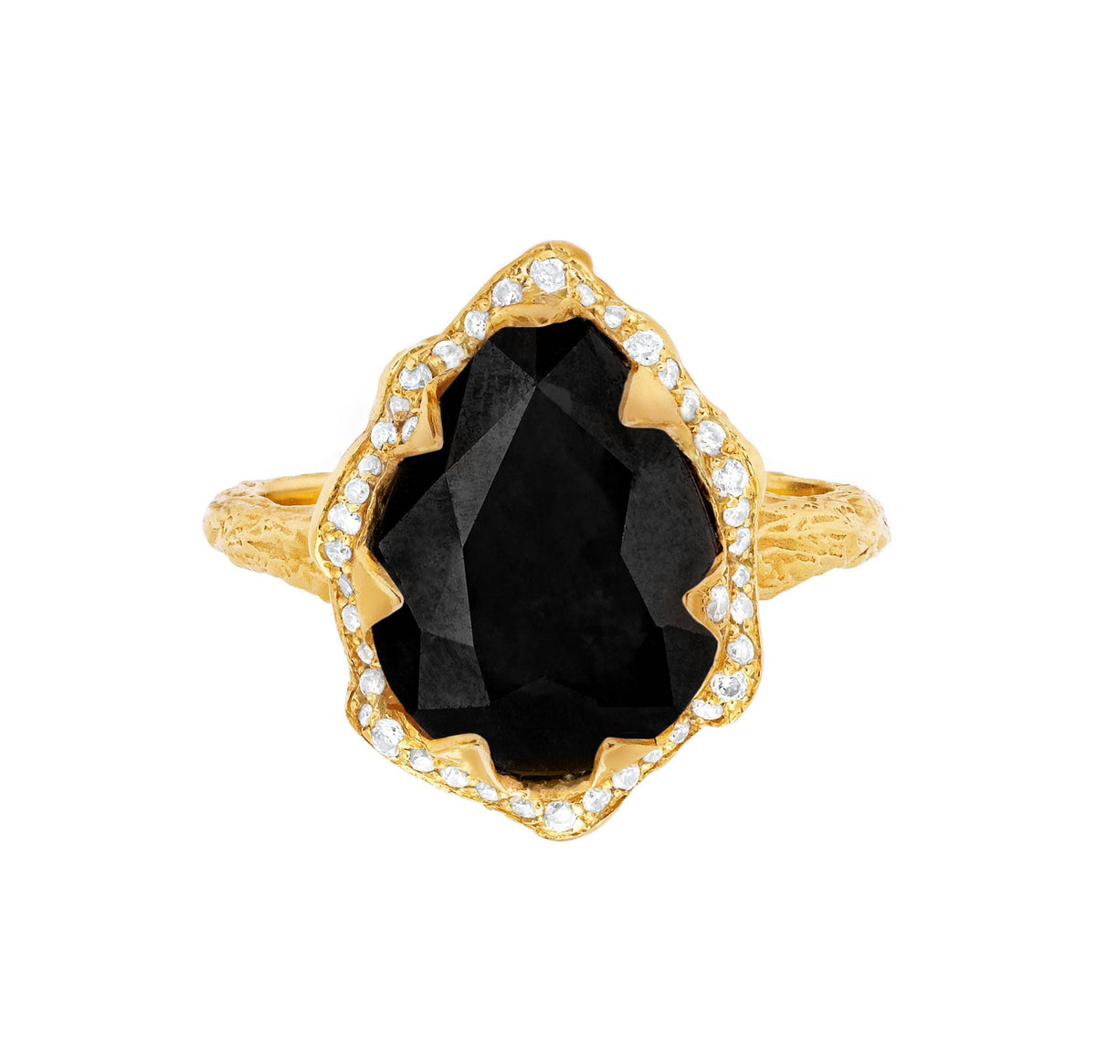 Queen Water Drop Onyx Ring with Full Pavé Diamond Halo Yellow Gold 3 by Logan Hollowell Jewelry
