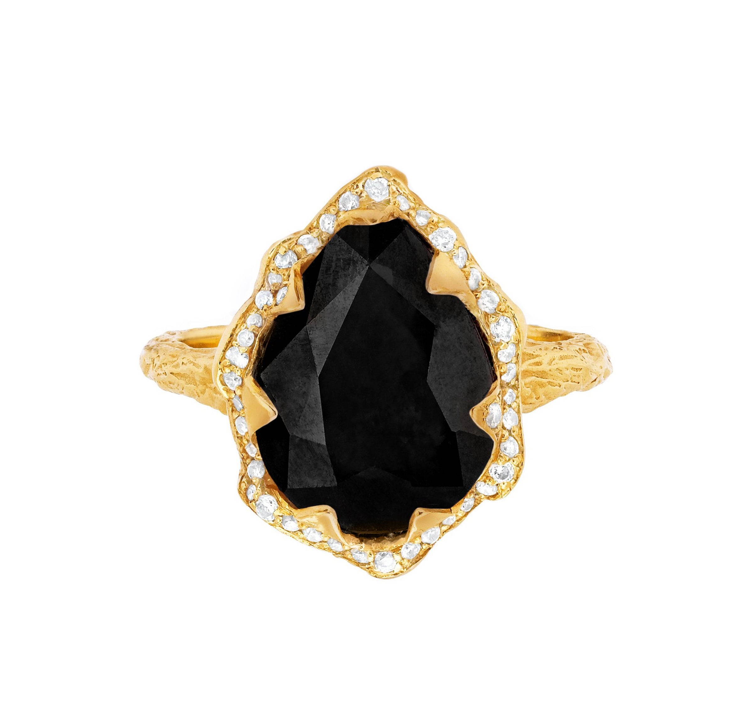 Queen Water Drop Onyx Ring with Full Pavé Diamond Halo Yellow Gold 3 by Logan Hollowell Jewelry