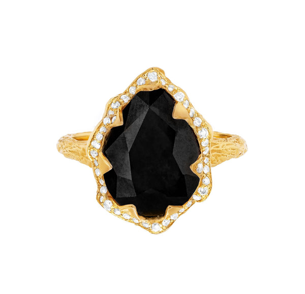 Queen Water Drop Onyx Ring with Full Pavé Diamond Halo Yellow Gold 6 by Logan Hollowell Jewelry