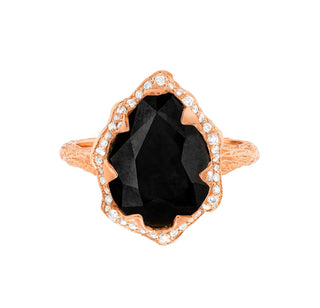 Queen Water Drop Onyx Ring with Full Pavé Diamond Halo 4 Rose Gold  by Logan Hollowell Jewelry
