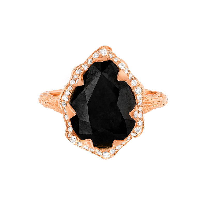 Queen Water Drop Onyx Ring with Full Pavé Diamond Halo Rose Gold 3 by Logan Hollowell Jewelry