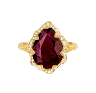 Queen Water Drop Ruby Ring with Full Pavé Diamond Halo Yellow Gold 5  by Logan Hollowell Jewelry