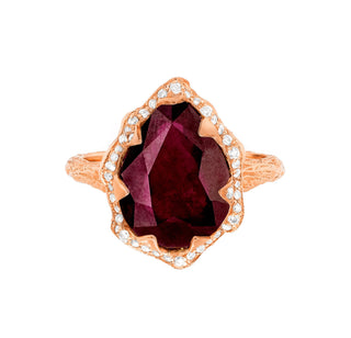 Queen Water Drop Ruby Ring with Full Pavé Diamond Halo Rose Gold 5  by Logan Hollowell Jewelry