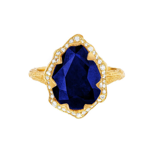 Queen Water Drop Sapphire Ring with Full Pavé Diamond Halo Yellow Gold 3  by Logan Hollowell Jewelry