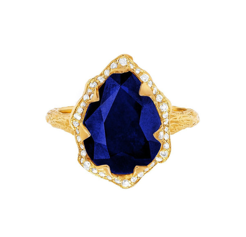 Queen Water Drop Sapphire Ring with Full Pavé Diamond Halo Yellow Gold 3  by Logan Hollowell Jewelry