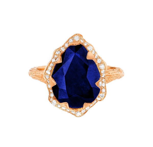 Queen Water Drop Sapphire Ring with Full Pavé Diamond Halo Rose Gold 3  by Logan Hollowell Jewelry