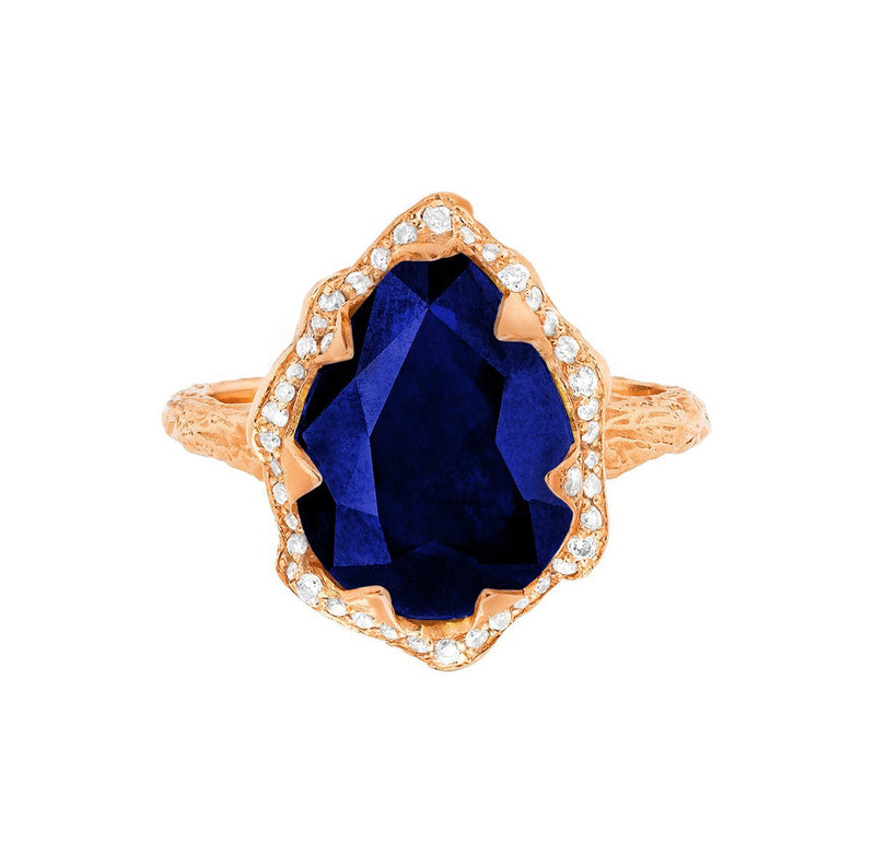 Queen Water Drop Sapphire Ring with Full Pavé Diamond Halo Rose Gold 3  by Logan Hollowell Jewelry
