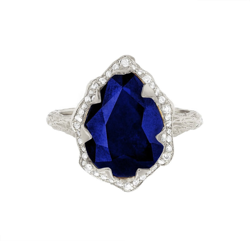 Queen Water Drop Sapphire Ring with Full Pavé Diamond Halo White Gold 3  by Logan Hollowell Jewelry