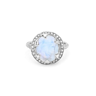 Queen Oval Moonstone Ring with Full Pavé Diamond Halo White Gold 4  by Logan Hollowell Jewelry
