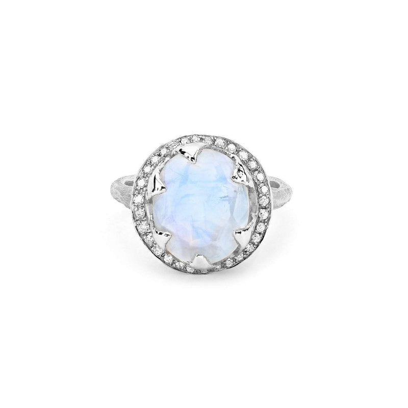 Queen Oval Moonstone Ring with Full Pavé Diamond Halo White Gold 3  by Logan Hollowell Jewelry