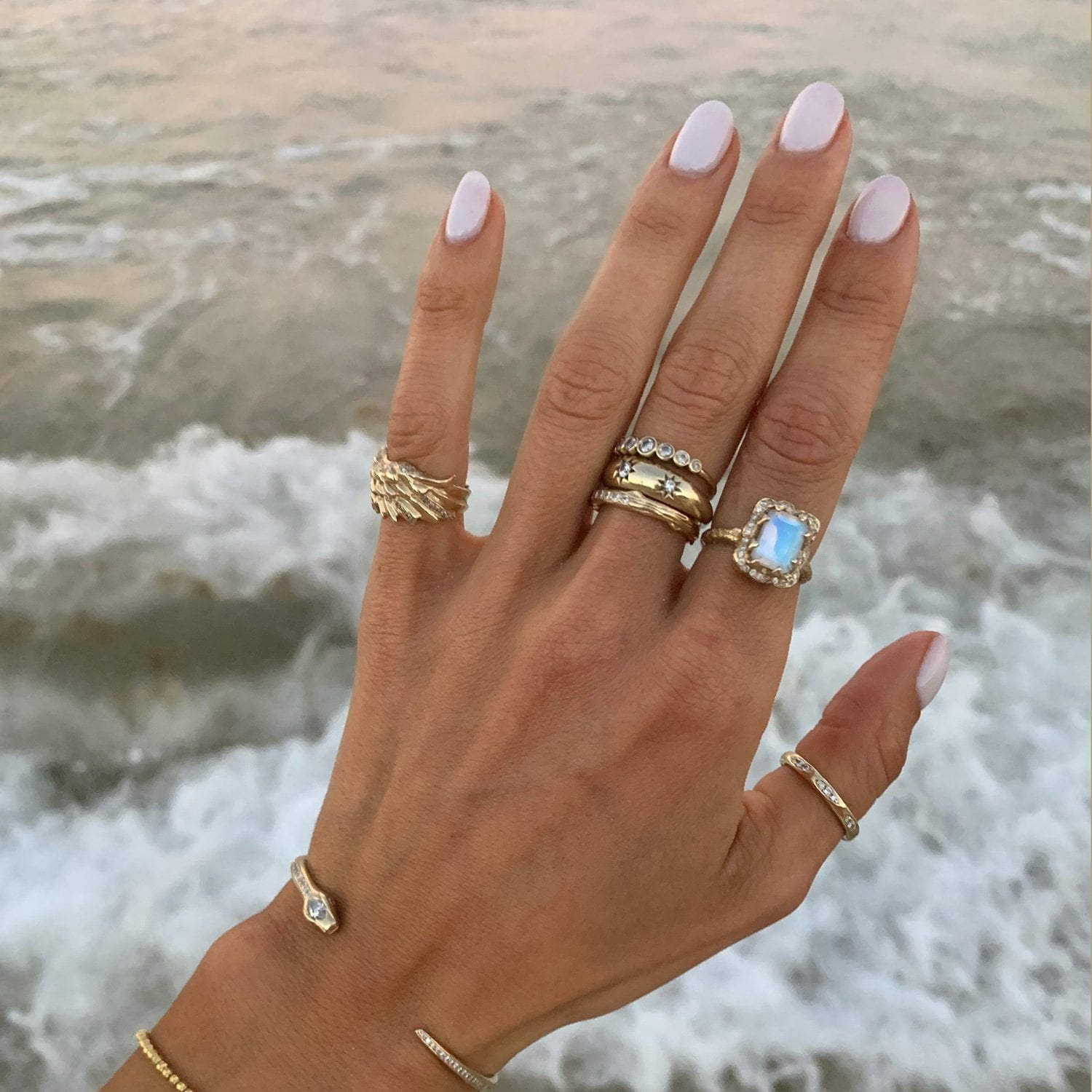 18k Queen Emerald Cut Moonstone Ring with Full Pavé Diamond Halo    by Logan Hollowell Jewelry