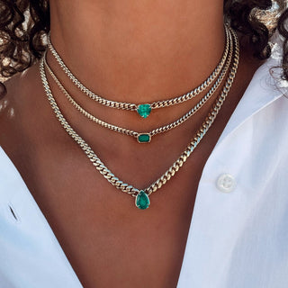 Queen Cuban Choker with Water Drop Colombian Emerald Center 14" White Gold  by Logan Hollowell Jewelry