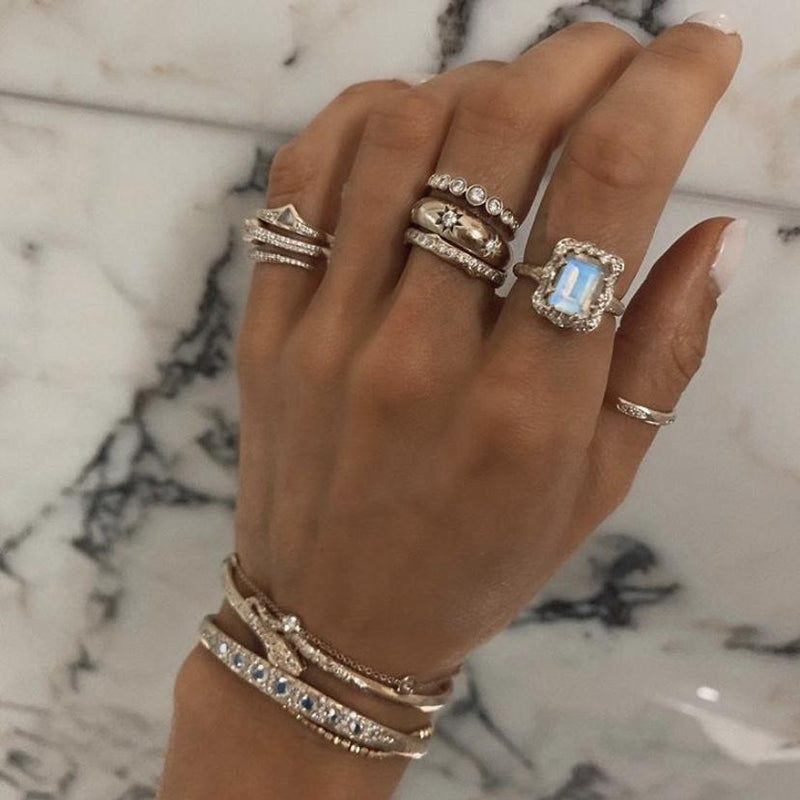 18k Queen Emerald Cut Moonstone Ring with Full Pavé Diamond Halo    by Logan Hollowell Jewelry