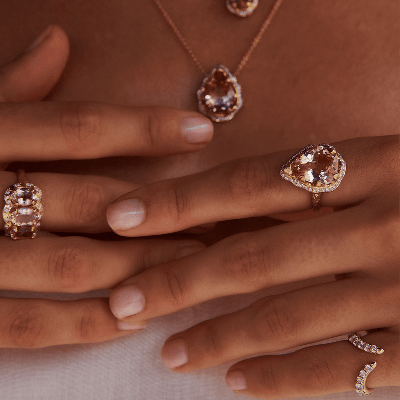 Queen Water Drop Morganite Ring with Full Pavé Halo | Ready to Ship by Logan Hollowell Jewelry