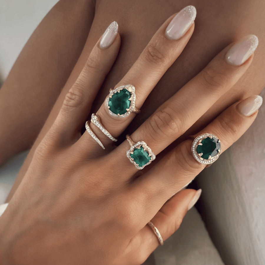 Queen Water Drop Zambian Emerald Ring with Full Pavé Diamond Halo by Logan Hollowell Jewelry