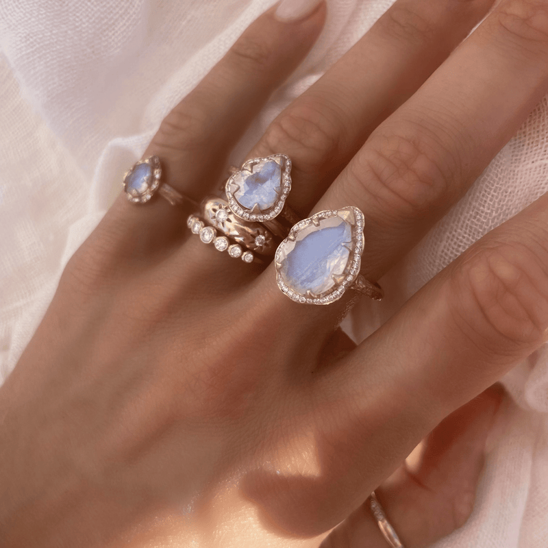 Baby Queen Water Drop Moonstone Ring with Full Pavé Diamond Halo    by Logan Hollowell Jewelry