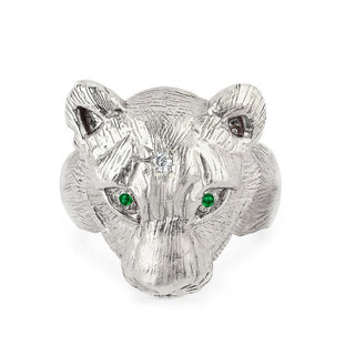 18k Lady Lioness Ring with Starset Diamond & Emerald Eyes 4 White Gold  by Logan Hollowell Jewelry