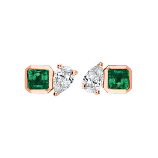Lovers Duet Emerald & Diamond Studs Rose Gold Pair  by Logan Hollowell Jewelry