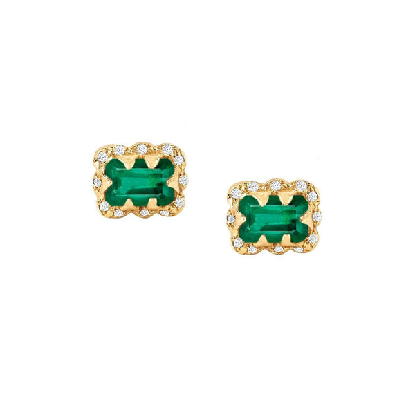 Micro Queen Emerald Cut Emerald Earrings with Sprinkled Diamonds Yellow Gold Pair by Logan Hollowell Jewelry