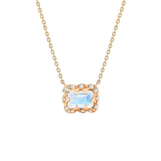 Micro Queen Emerald Cut Moonstone Necklace with Sprinkled Diamonds Rose Gold   by Logan Hollowell Jewelry