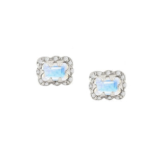 Micro Queen Emerald Cut Moonstone Earrings with Sprinkled Diamonds White Gold Pair  by Logan Hollowell Jewelry