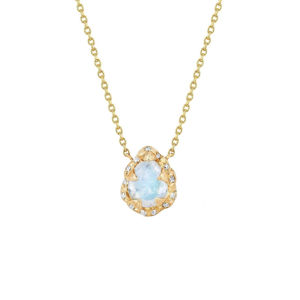 Micro Queen Water Drop Moonstone Necklace with Sprinkled Diamonds | Ready to Ship Yellow Gold 16" by Logan Hollowell Jewelry