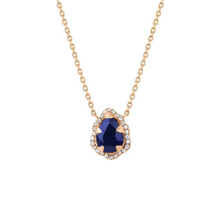 Micro Queen Water Drop Blue Sapphire Necklace with Pavé Diamond Halo Rose Gold 16"  by Logan Hollowell Jewelry