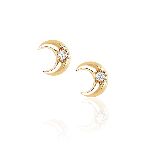 Crescent Stud with Star Set Diamond | Ready to Ship Yellow Gold Single by Logan Hollowell Jewelry