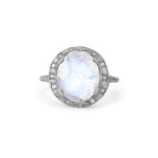 Queen Oval Moonstone Ring with Sprinkled Diamonds White Gold 5  by Logan Hollowell Jewelry