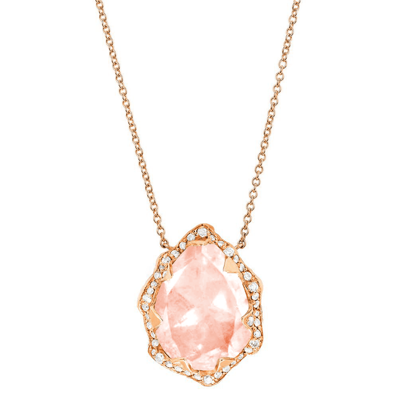 Queen Water Drop Morganite Necklace with Full Pavé Halo Rose Gold   by Logan Hollowell Jewelry