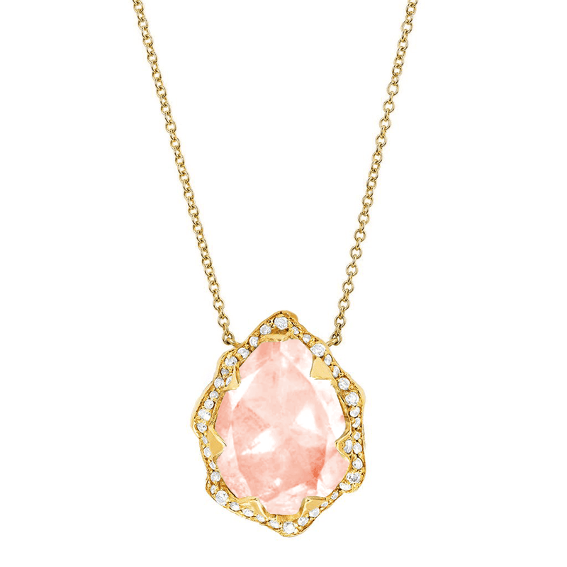 Queen Water Drop Morganite Necklace with Full Pavé Halo | Ready to Ship Yellow Gold by Logan Hollowell Jewelry