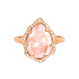 Queen Water Drop Morganite Ring with Full Pavé Halo Rose Gold 4  by Logan Hollowell Jewelry