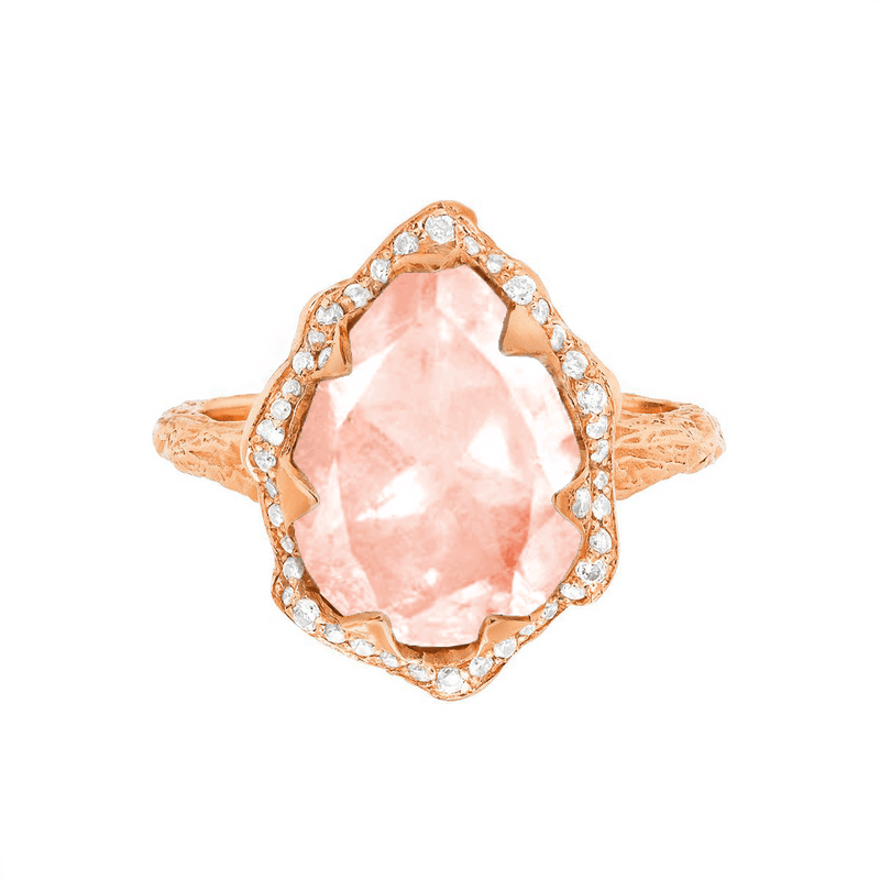 Queen Water Drop Morganite Ring with Full Pavé Halo | Ready to Ship by Logan Hollowell Jewelry