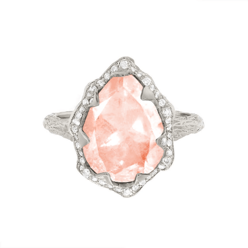 Queen Water Drop Morganite Ring with Full Pavé Halo | Ready to Ship by Logan Hollowell Jewelry