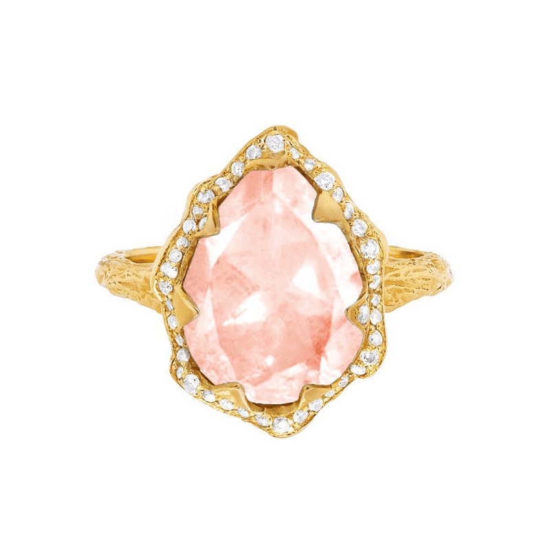 Queen Water Drop Morganite Ring with Full Pavé Halo | Ready to Ship Yellow Gold 7 by Logan Hollowell Jewelry