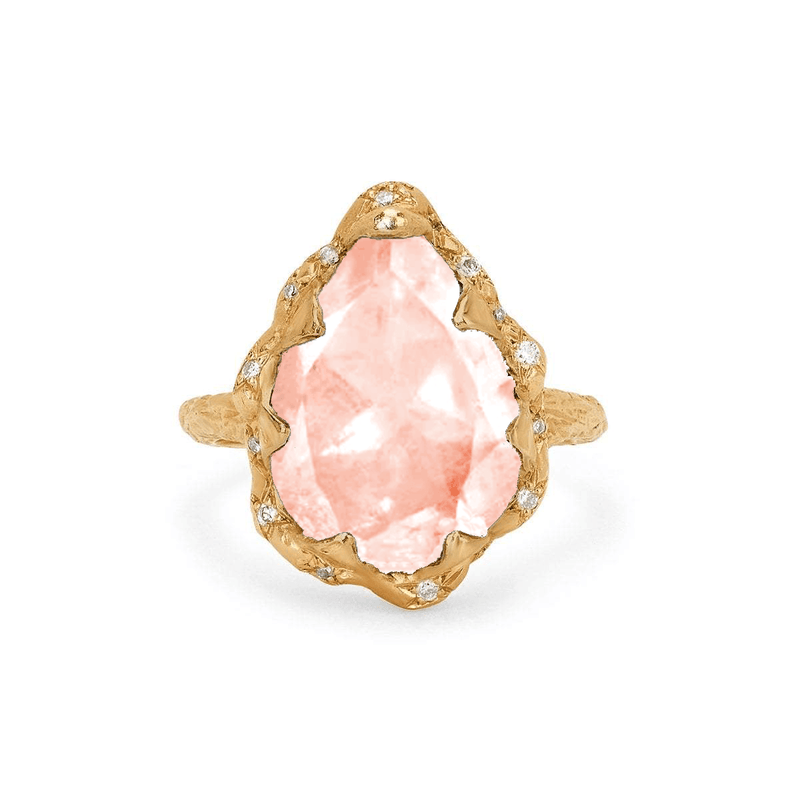 Queen Water Drop Morganite Ring with Sprinkled Diamonds Yellow Gold 3  by Logan Hollowell Jewelry
