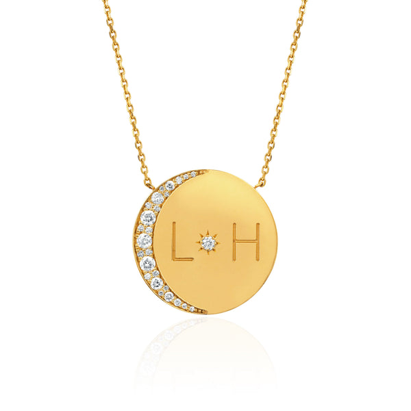 Custom Classic "Love You To The Moon and Back" Necklace with Diamonds Yellow Gold With Star Set Diamond Center 16" by Logan Hollowell Jewelry