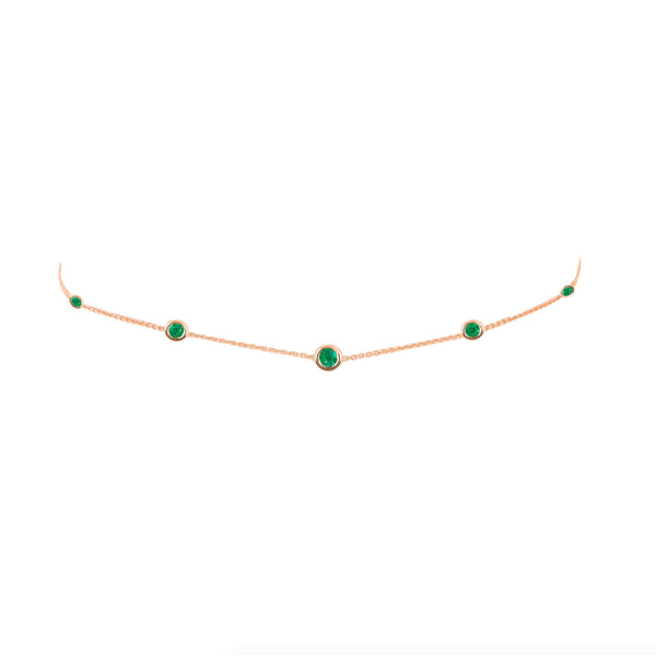 5 or 7 Emerald Orbit Bezel Choker 5 Emeralds Rose Gold 14-15" by Logan Hollowell Jewelry