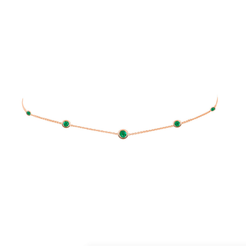 5 or 7 Emerald Orbit Bezel Choker 5 Emeralds Rose Gold 14-15" by Logan Hollowell Jewelry