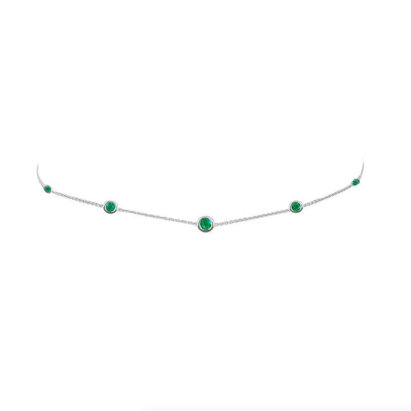 5 or 7 Emerald Orbit Bezel Choker 5 Emeralds White Gold 14-15" by Logan Hollowell Jewelry