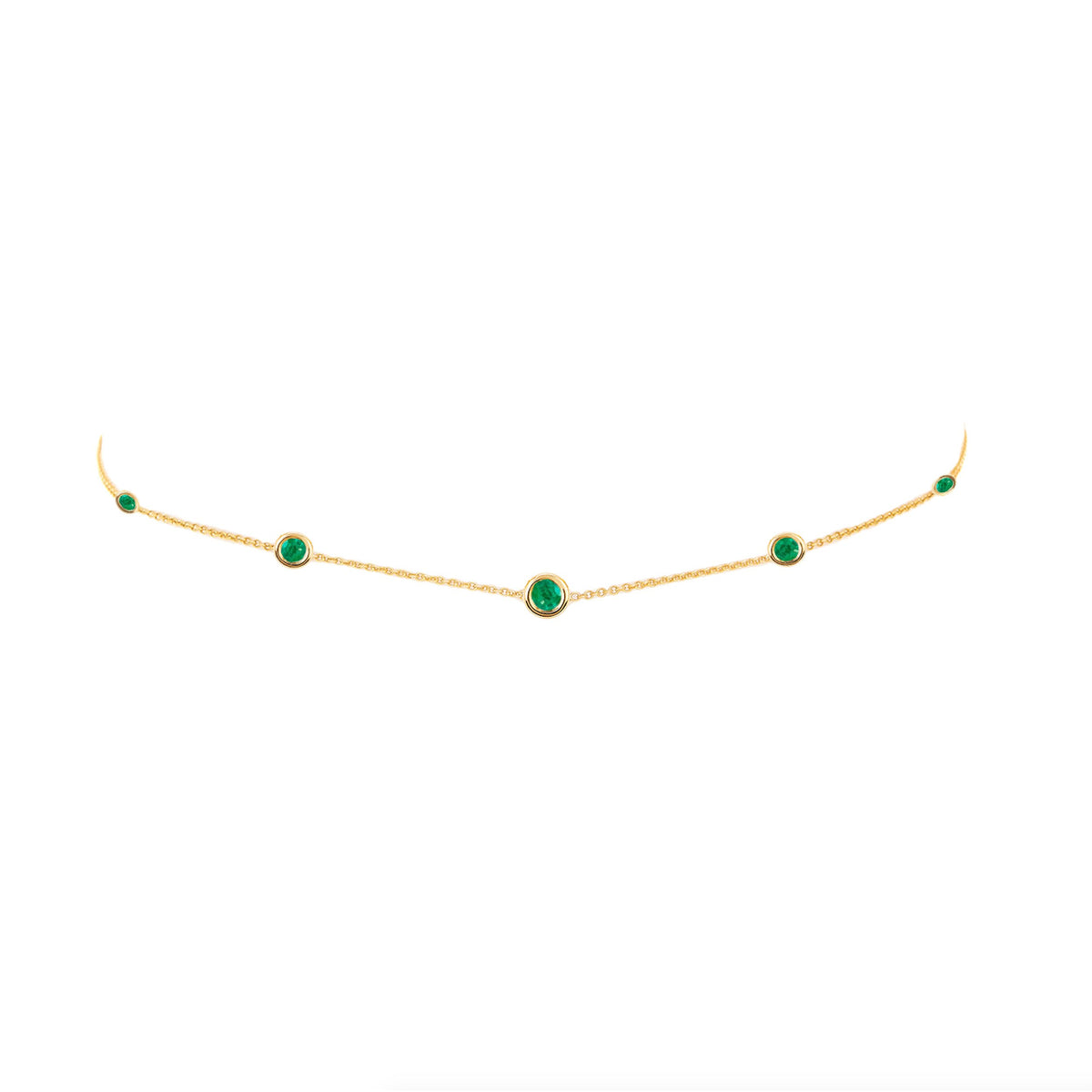 5 or 7 Emerald Orbit Bezel Choker 5 Emeralds Yellow Gold 14-15" by Logan Hollowell Jewelry