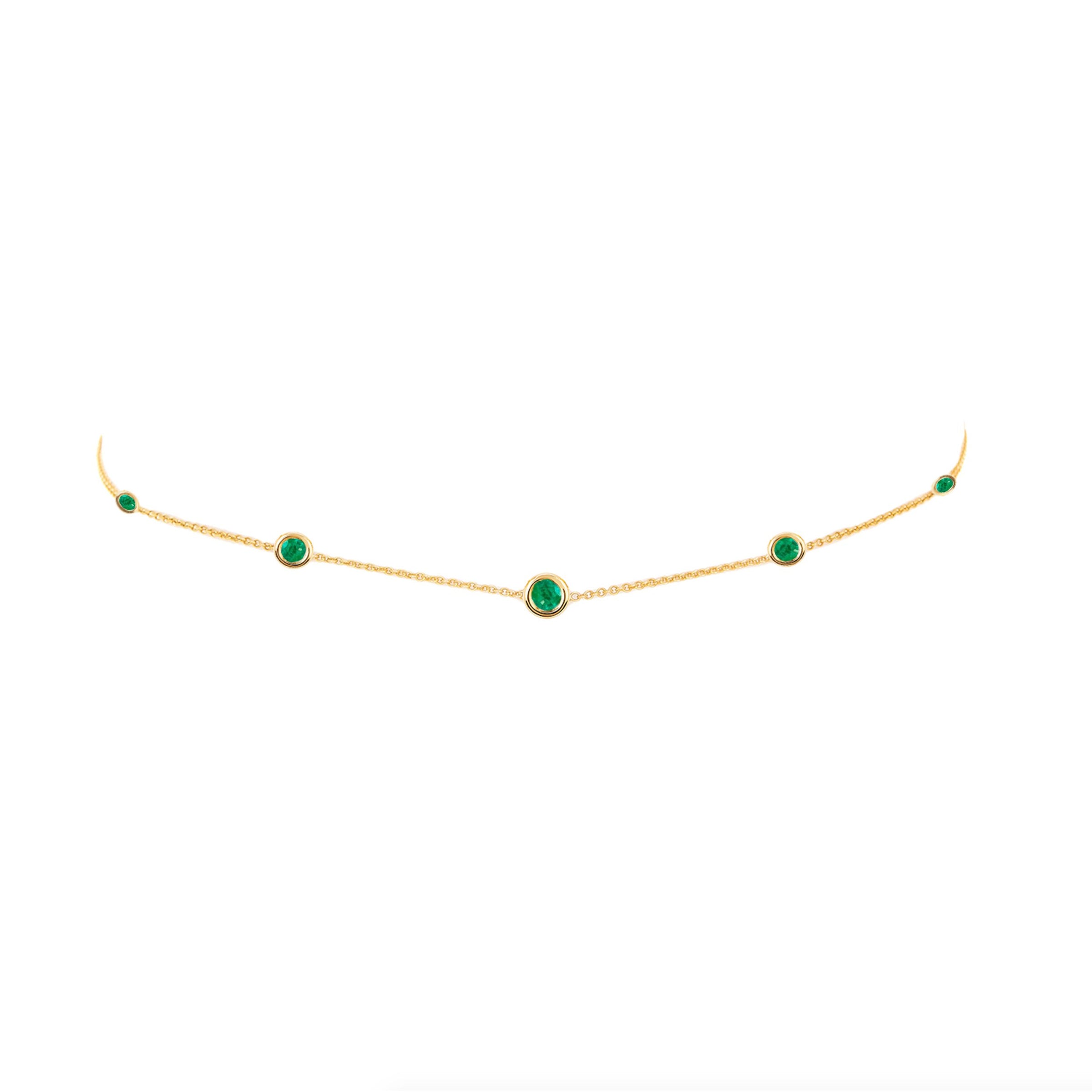 5 or 7 Emerald Orbit Bezel Choker 5 Emeralds Yellow Gold 14-15" by Logan Hollowell Jewelry