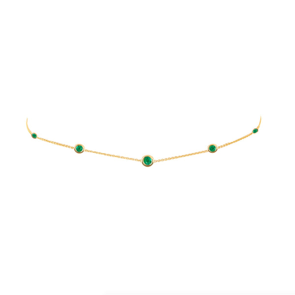 5 or 7 Emerald Orbit Bezel Choker 5 Emeralds Yellow Gold 14-15" by Logan Hollowell Jewelry