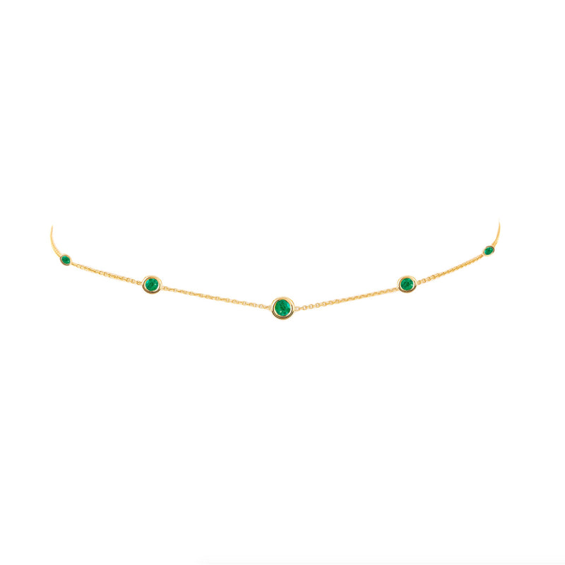 5 or 7 Emerald Orbit Bezel Choker 5 Emeralds Yellow Gold 14-15" by Logan Hollowell Jewelry