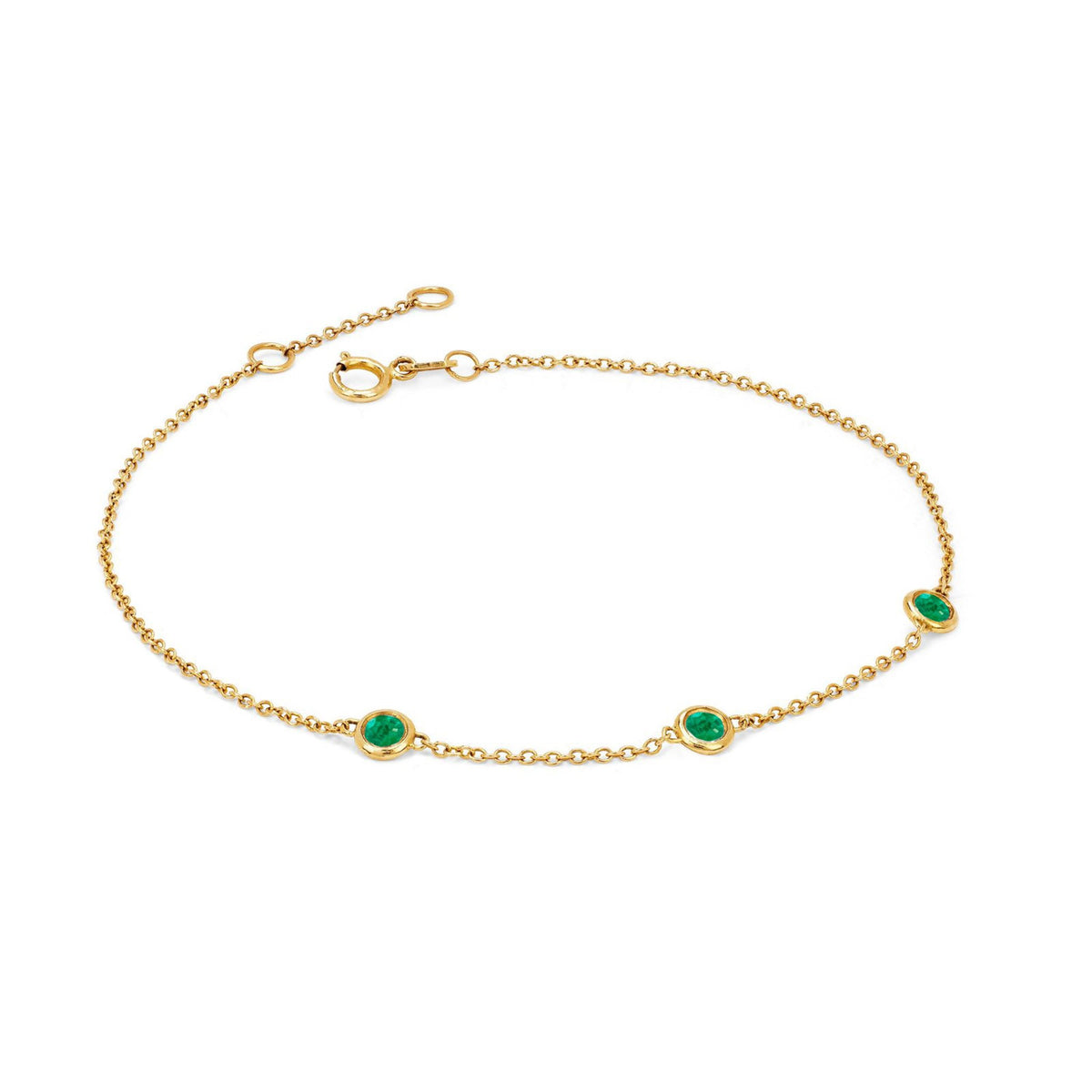 3 Emerald Orbit Bezel Bracelet Yellow Gold   by Logan Hollowell Jewelry