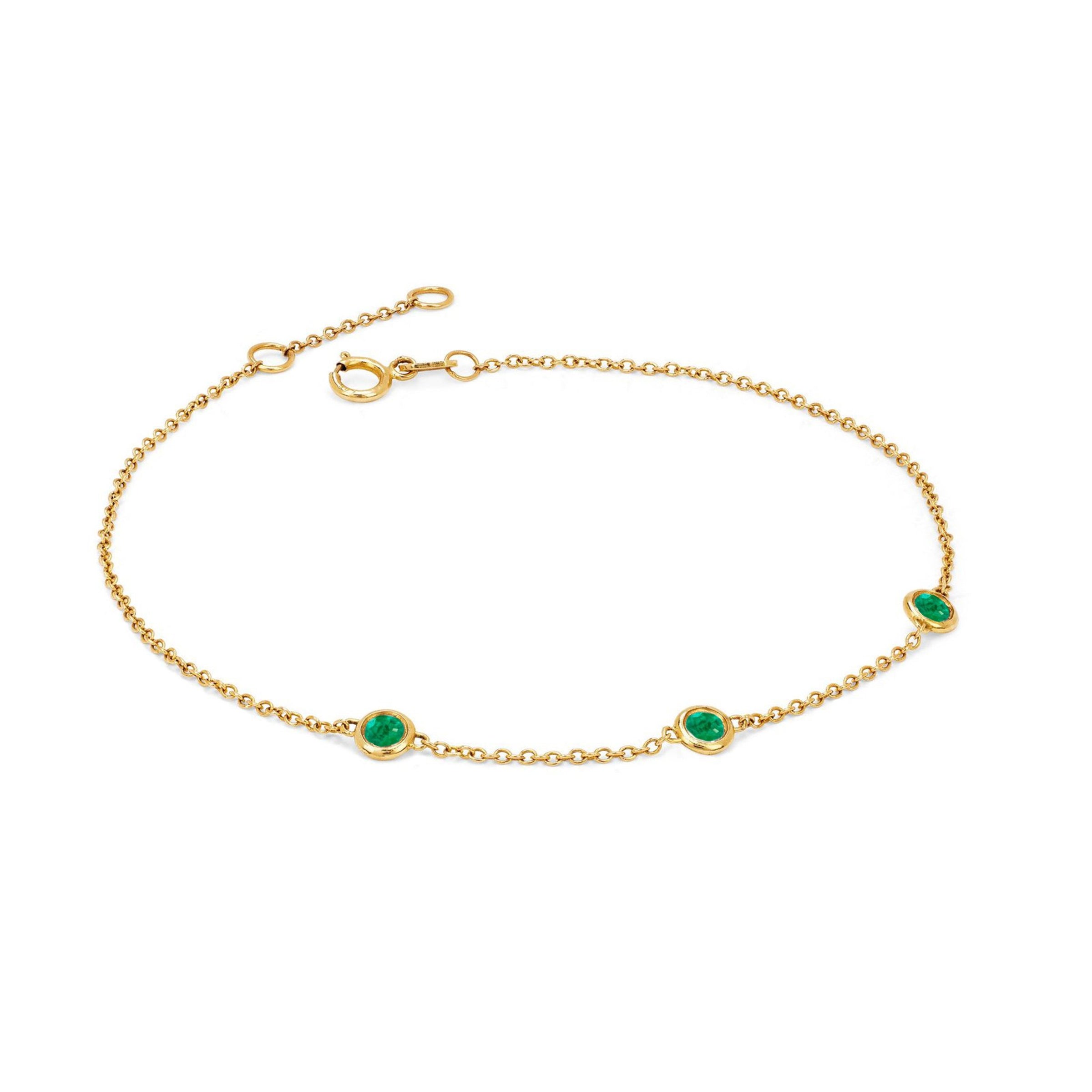 3 Emerald Orbit Bezel Bracelet Yellow Gold   by Logan Hollowell Jewelry