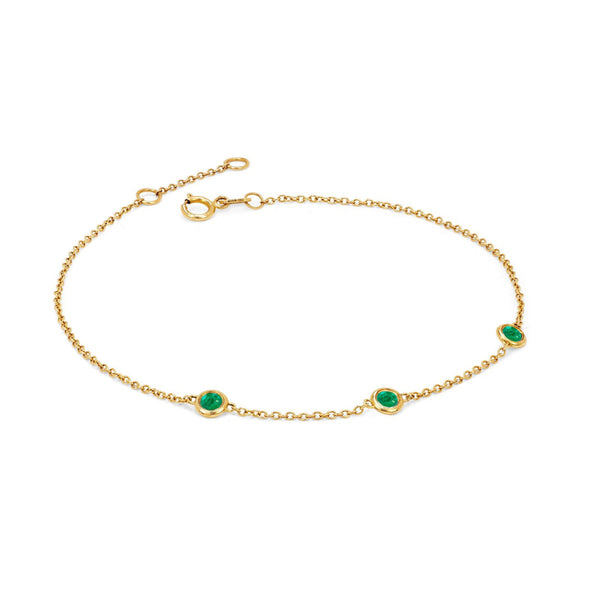 3 Emerald Orbit Bezel Bracelet Yellow Gold   by Logan Hollowell Jewelry