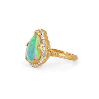 18k One of A Kind Water Drop Premium Blue Opal Queen Ring with Pavé Diamond Halo    by Logan Hollowell Jewelry