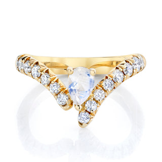 French Pave Diamond Tusk Ring with Moonstone Pear 4 Yellow Gold  by Logan Hollowell Jewelry