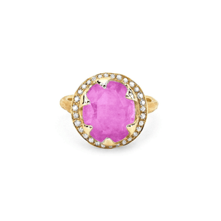 18k Baby Queen Oval Pink Sapphire Ring with Full Pavé Halo 4 Yellow Gold  by Logan Hollowell Jewelry